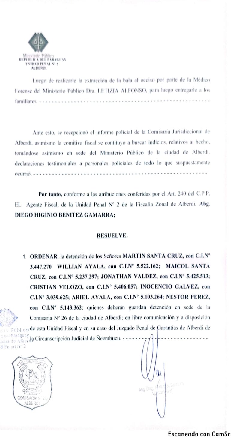 Resolución del Ministerio Público que ordena la detención de 8 agentes de Policia.