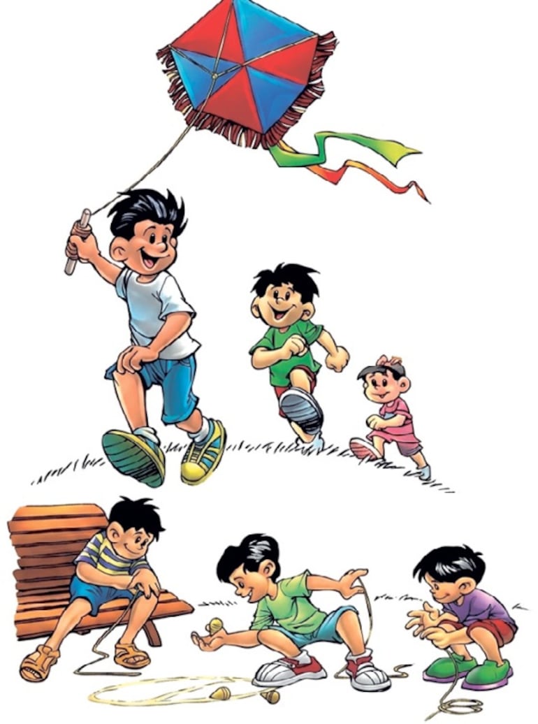 Niños jugando juegos populares como hacer volar la cometa y jugar al trompo.