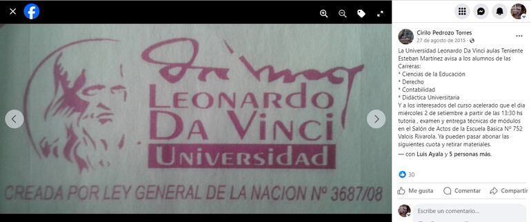 Posteo de Cirilo Pedrozo sobre la coordinadora de la carrera de la Universidad Leonardo Da Vinci, Noelia Portillo.