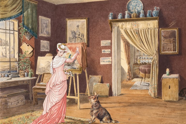 Acuarela, mujer en sala victoriana con un perro.