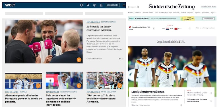 Interfaz de un sitio de noticias deportivas con textos sobre la eliminación de Alemania en el Mundial tras perder contra Paraguay.