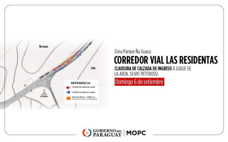 Anuncio informativo del MOPC sobre cierre de calzada en área de Parque Ñu Guasu, sin personas visibles.
