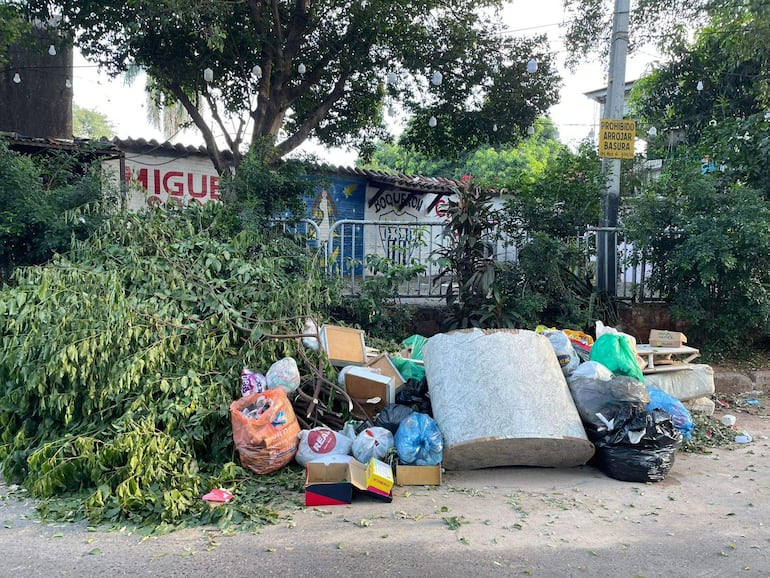 Montón de basura con ramas, bolsas y un colchón, y un cartel que dice 'PROHIBIDO ARROJAR BASURA' en un entorno urbano.