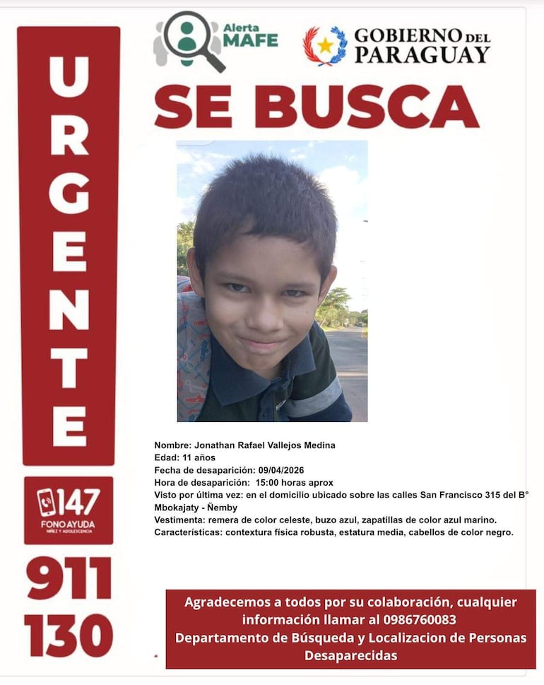 La Policía mantiene activa una alerta de búsqueda tras la desaparición de cuatro menores de edad reportados entre el 8 y el 11 de abril, en distintos puntos del país. Solicitan la colaboración ciudadana para dar con el paradero de los adolescentes y el niño, en el marco del protocolo Mafe, de búsqueda inmediata.