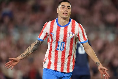Miguel Almirón celebrando su gol en el partido amistoso entre Paraguay y Nicaragua. (EFE/ Juan Pablo Pino)