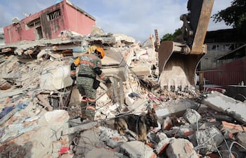 Un rescatista del Ejercito de México junto a su perro trabajan en un edificio afectado por un terremoto en La Guaira (Venezuela). El ministro de Interior de Venezuela, Diosdado Cabello, anunció la restricción del acceso al estado La Guaira (norte, cercano a Caracas), el más afectado por los terremotos.
