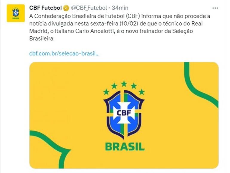 El comunicado de la Confederación Brasileña de Fútbol (CBF) sobre la noticia relacionada a Carlo Ancelotti.