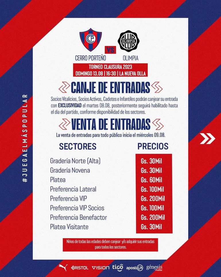 Los precios del superclásico del fútbol paraguayo por la sexta fecha del torneo Clausura 2023 del fútbol paraguayo en La Nueva Olla.