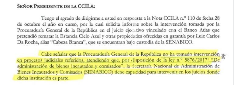 Respuesta de la Procuraduría a la comisión “garrote” sobre la estancia Cielo Azul.
