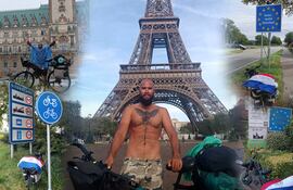 La fotografía muestra a un hombre con una bicicleta: Gabriel López, un paraguayo que recorre Europa pedaleando.