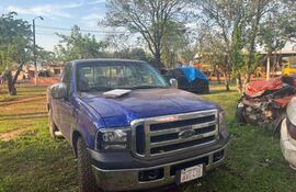 Pickup azul aparcado en césped con objeto blanco sobre el capó, en un entorno rural con árboles al fondo.