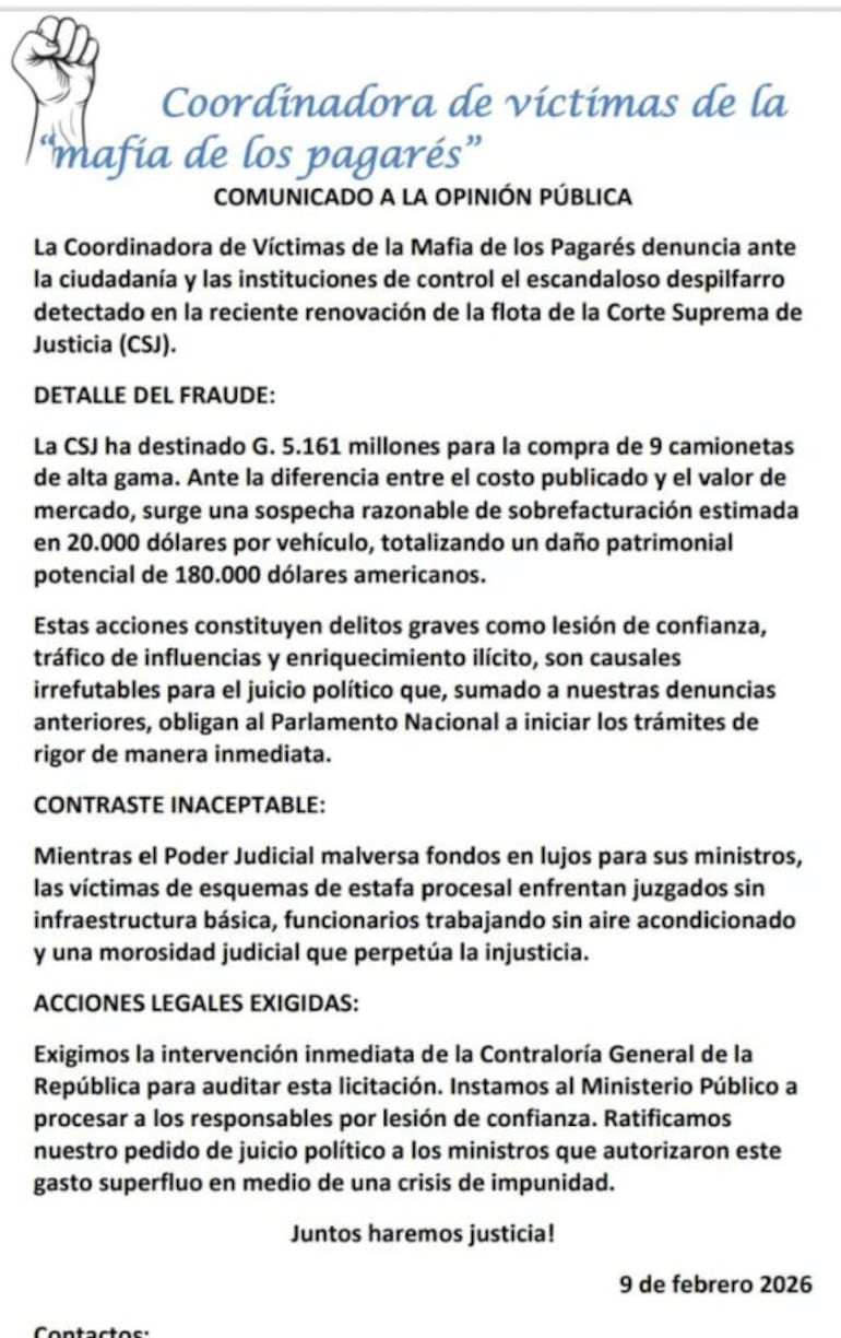 Comunicado de la coordinadora de víctimas de la mafia de los pagarés, referente a la compra de vehículos en la CSJ.