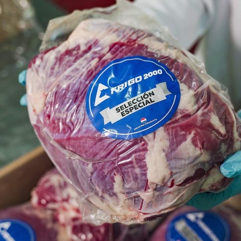 Paquete de carne de Frigo 2000 en mano con guante azul, resaltando etiqueta de Selección Especial.