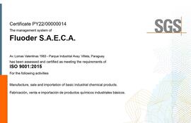 Certificado otorgado por la entidad internacional SGS.