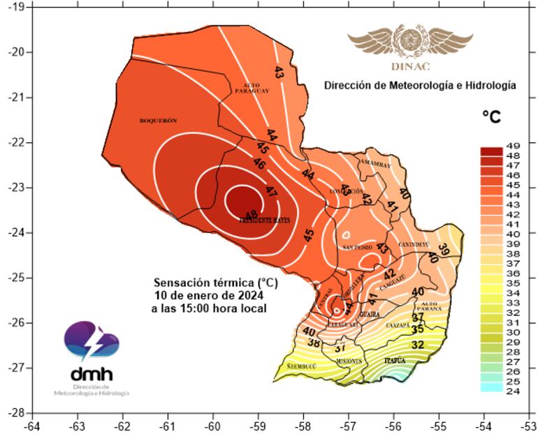 La sensación térmica más alta hoy fue en la ciudad de Pozo Colorado. (Fuente Meteorología).