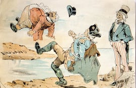 Caricatura de la década de 1890. El tío Sam observa al joven George Washington expulsando a John Bull de Estados Unidos. Leyenda: "Declaración de Independencia, 4 de julio de 1776"