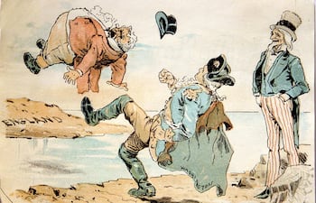 Caricatura de la década de 1890. El tío Sam observa al joven George Washington expulsando a John Bull de Estados Unidos. Leyenda: "Declaración de Independencia, 4 de julio de 1776"