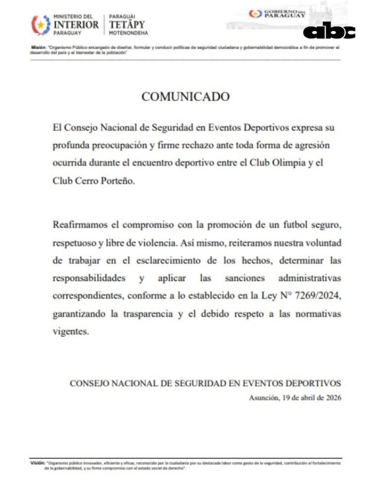 El comunicado oficial emitido por el Consejo Nacional de Seguridad de Eventos Deportivos.