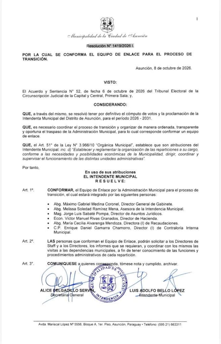 Documento oficial con encabezado de la Municipalidad de Asunción, firmado por Luis Bello y secretario general, fecha 8 de octubre de 2026.