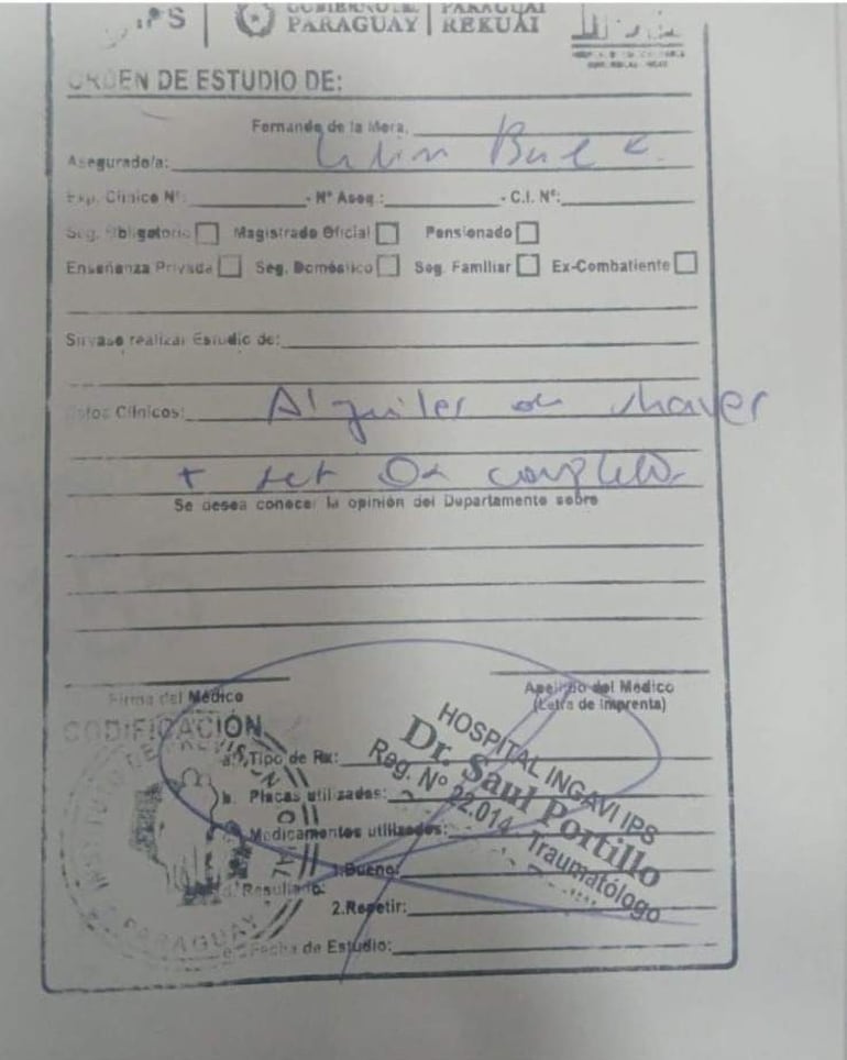 Documento médico titulado 'Orden de Estudio' con detalles del paciente y procedimientos solicitados.