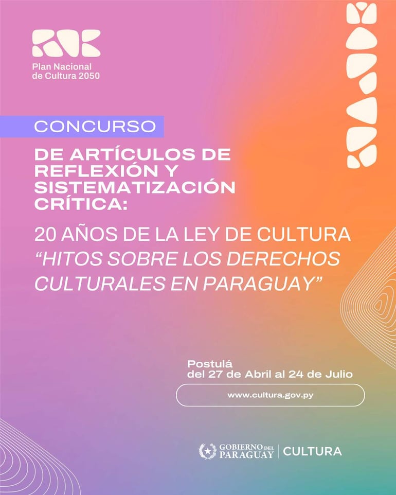 Póster colorido del concurso de artículos sobre derechos culturales en Paraguay, sin personas visibles.