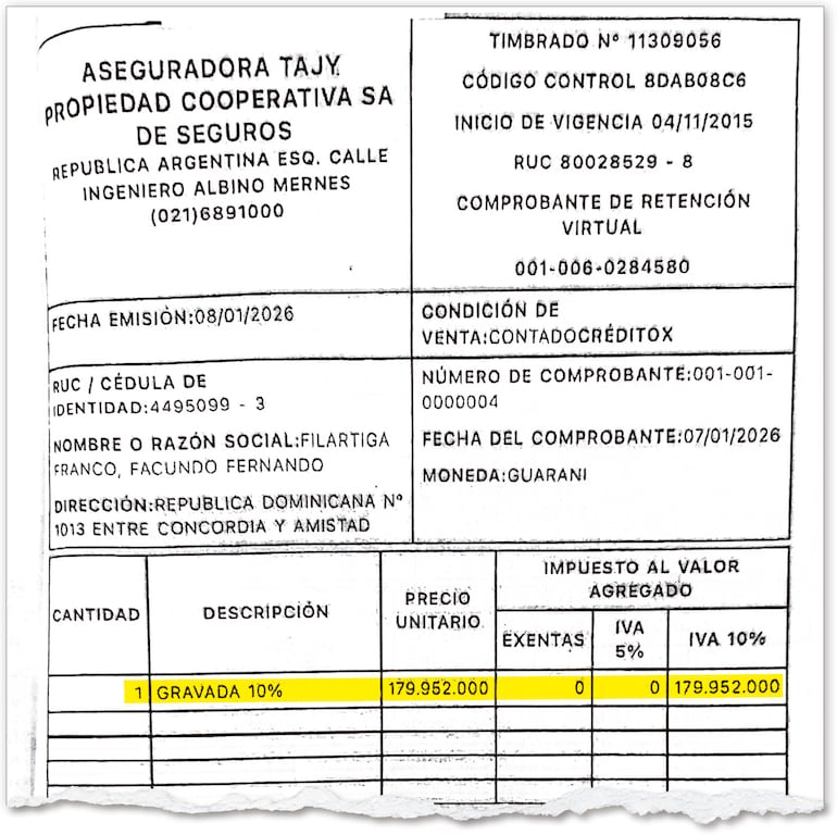 Comprobante de retención sobre uno de los montos cobrados el 8 de enero de 2026 por el procurador delegado Facundo Filártiga Franco.