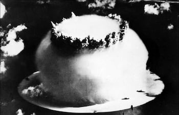This photograph dated of July 1946 shows the mushroom cloud forming after an atomic bomb explosion during nuclear tests carried out by the US military on Bikini Atoll in the Pacific Ocean.