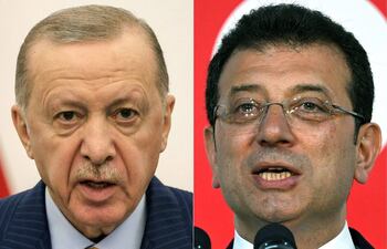 El presidente de Turquía, Recep Tayyip Erdogan (i) 
 y el alcalde de Estambul, Ekrem Imamoglu (i), detenido por la policía.