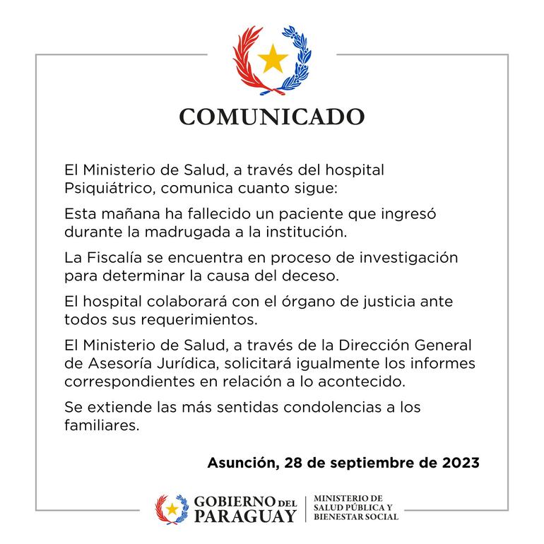 Comunicado del Hospital Psiquiátrico sobre la muerte de un paiente.