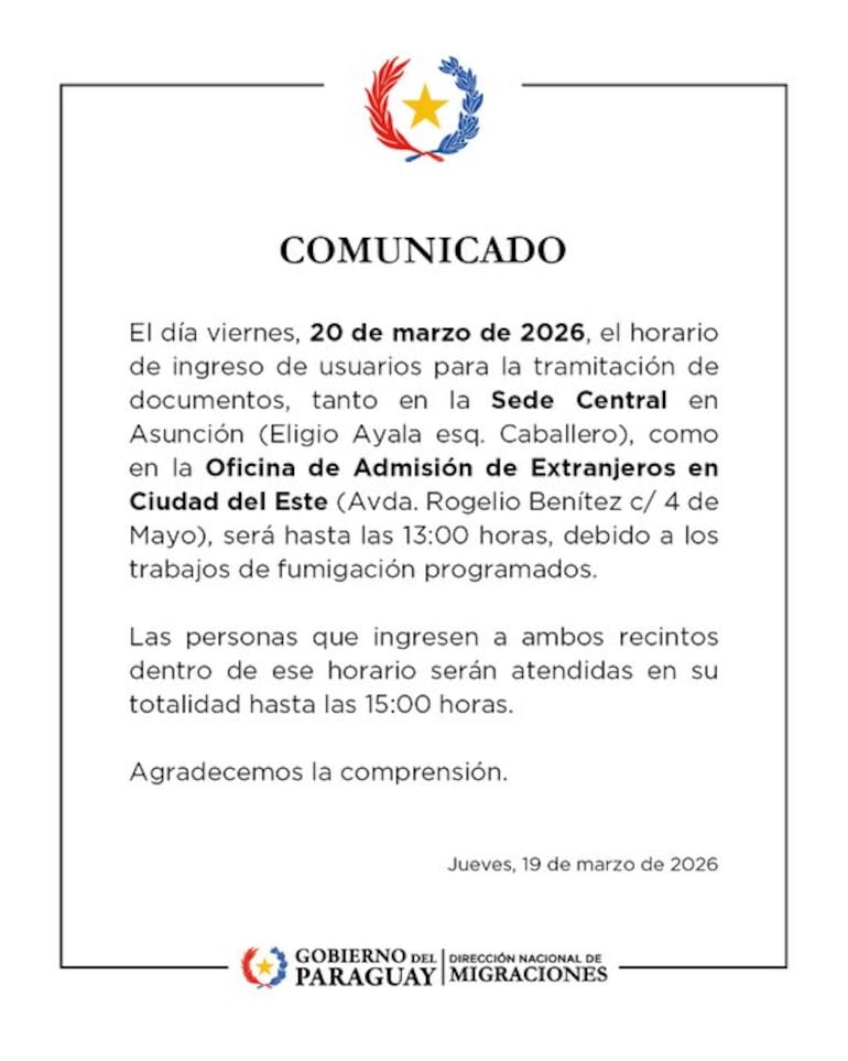 Comunicado de Migraciones.