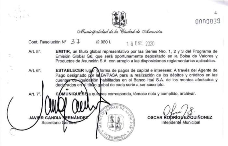 Documento oficial de la Municipalidad de Asunción firmado por Javier Candia y Oscar Rodríguez, con texto y resoluciones legibles.