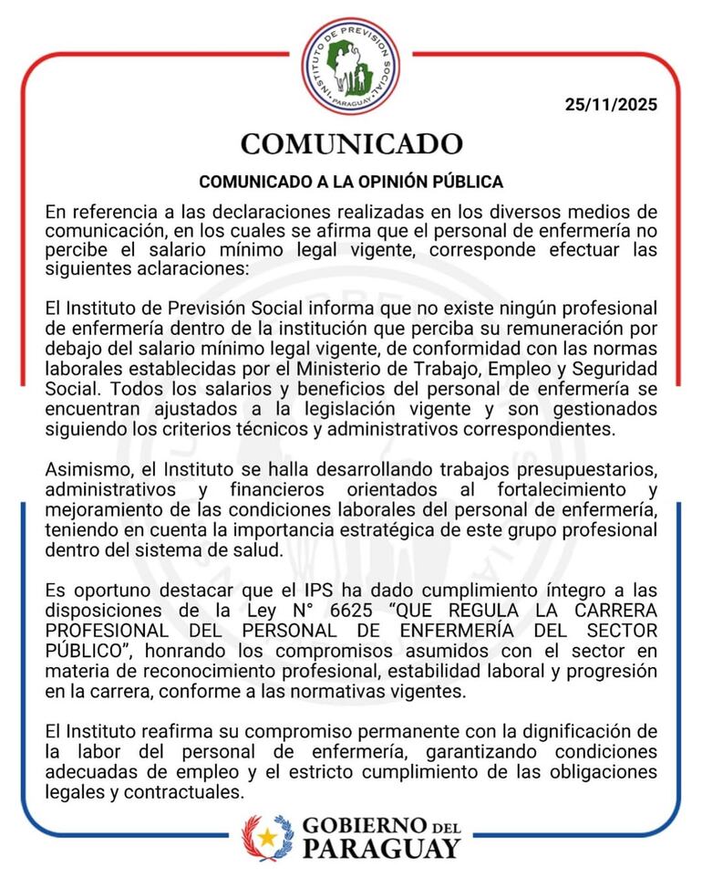 Comunicado emitido por el IPS sobre salario de enfermería.