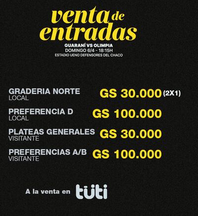 Precios de las entradas para el partido del domingo entre Guaraní y Olimpia, en Sajonia.