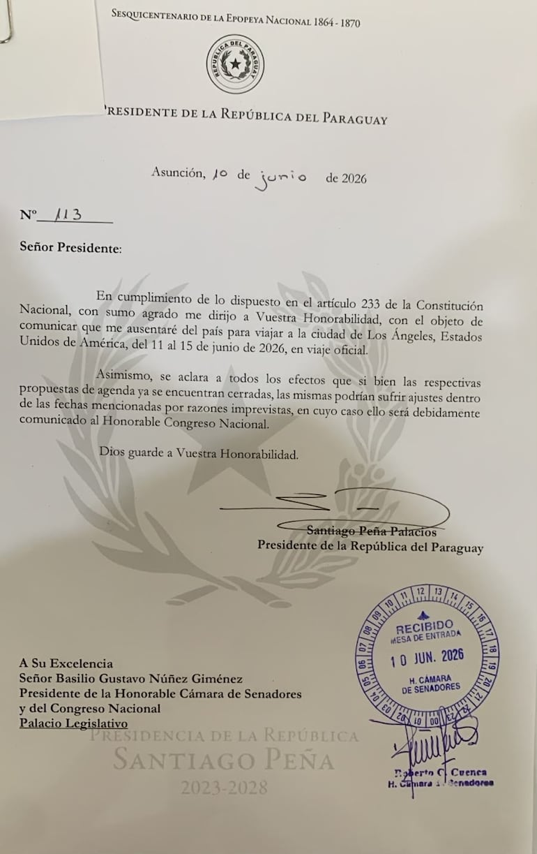 La nota de Santiago Peña al presidente del Congreso sobre su viaje a Estados Unidos.