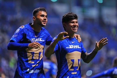 El paraguayo Robert Morales, futbolista de Pumas, celebra un gol en el partido frente a Puebla por la sexta fecha del torneo Clausura 2026 de la Liga MX en el estadio Cuauhtémoc, en Puebla, México.
