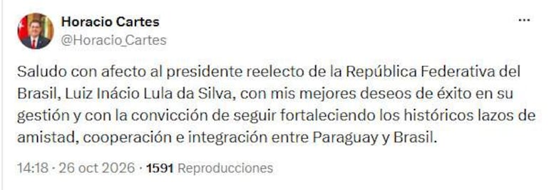 Mensaje presidencial de Horacio Cartes, expresando buenos deseos a Luiz Inácio Lula da Silva, con tono cordial y optimista.