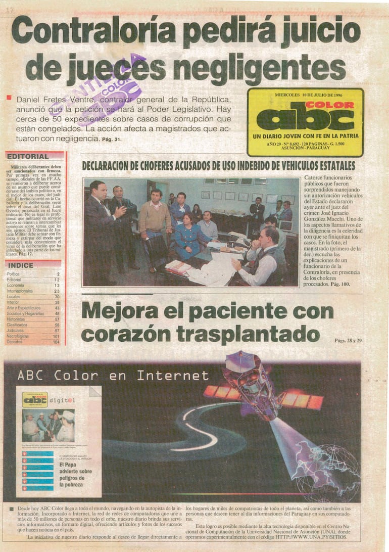 Portada de ABC Color, versión impresa, del 10 de julio de 1996, en la que destacan el desembarco del medio en internet.