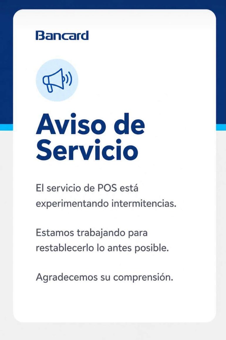 Comunicado de Bancard con texto informativo sobre fallas en el servicio de POS, sin imágenes de personas presentes.
