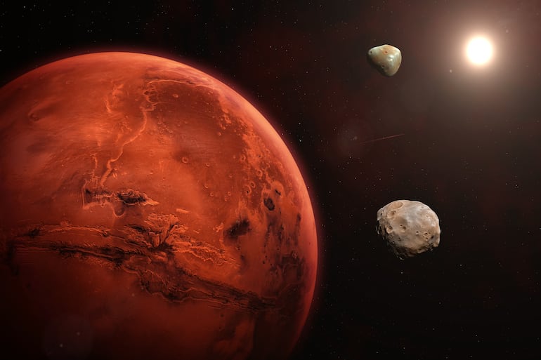 Marte, Fobos y Deimos. Imagen ilustrativa.