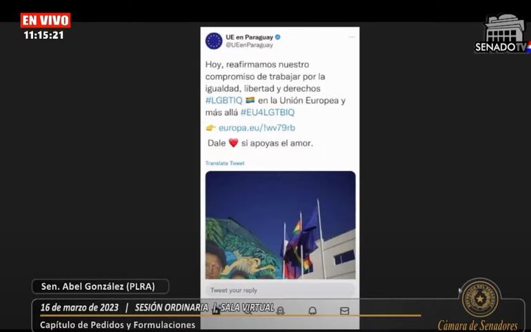 El senador Abel Gozález (PLRA) cuestionó a la representación de la Unión Europea en Paraguay por este tuit.