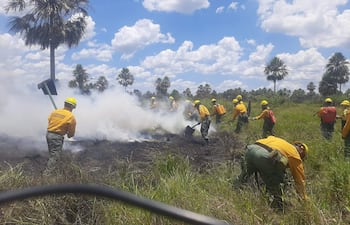 Bomberos y militares trabajan en sofocar el incendio en Río Verde, ayer jueves.