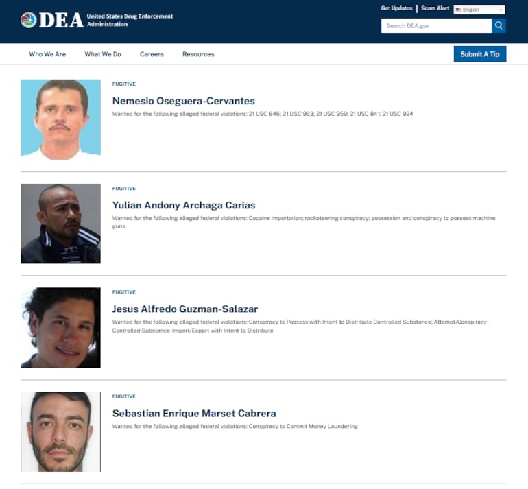 Página oficial de los más buscados por la DEA.