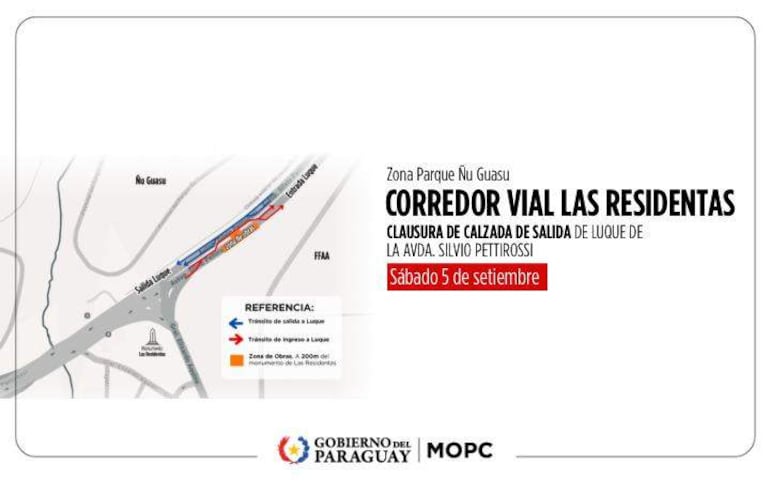 Mapa informativo sobre el redireccionamiento del tránsito en la Avda. Silvio Pettirossi por obras, sin personas visibles.