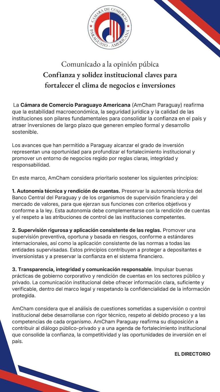 Comunicado de AmCham Paraguay en texto, enfatizando confianza institucional y clima de inversión en un formato digital.