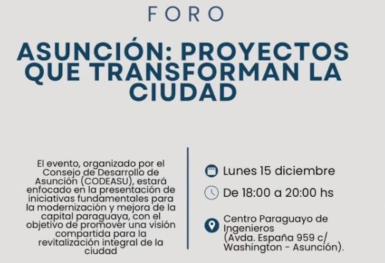 Invitación al foro "Asunción: Proyectos que transforman la ciudad", de Codeasu.