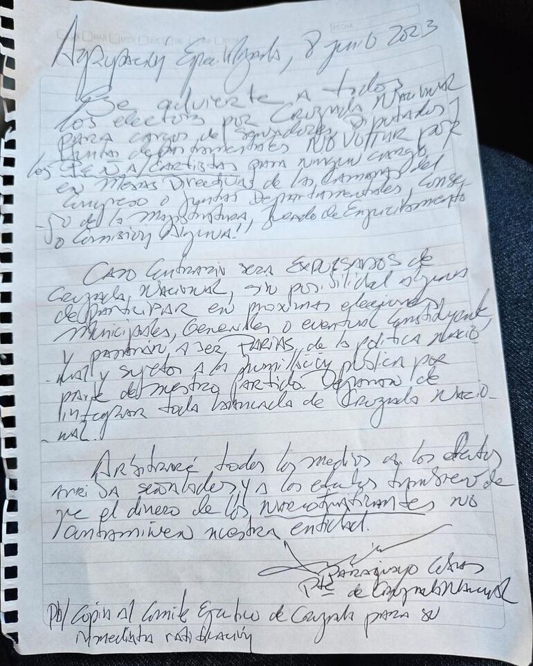 Nota escrita a mano por el líder de Cruzada Nacional, Payo Cubas desde la prisión.