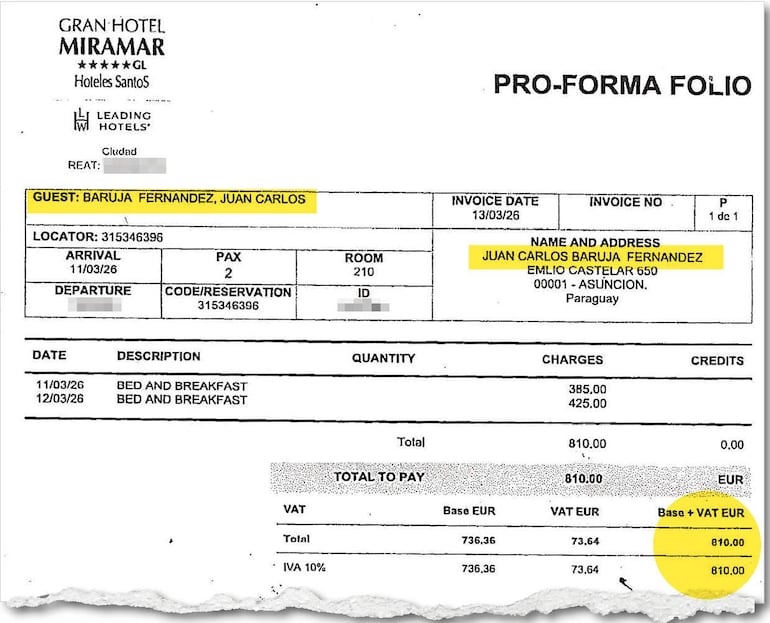 En su rendición de cuentas,  el titular del MUVH consignó solo 405 euros como gastos suyos en el Gran Hotel  Miramar. La factura es por 810 euros.