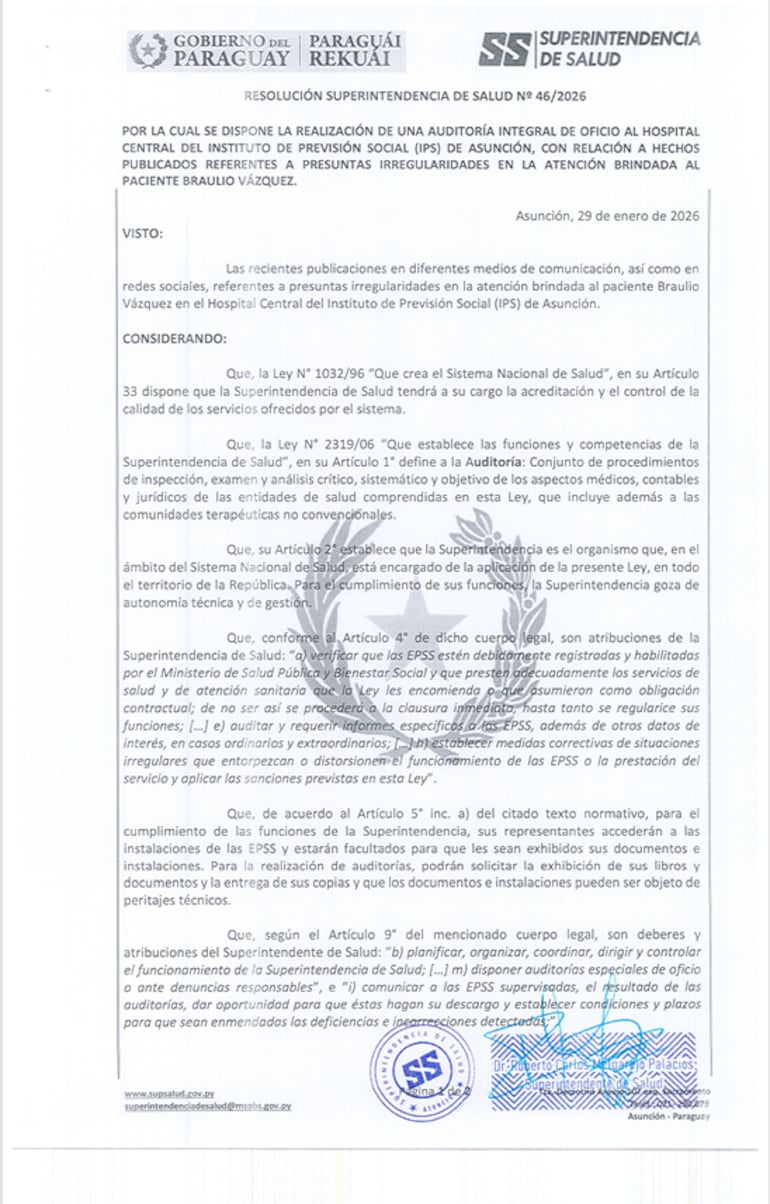 Resolución de la Superintendencia de Salud que dispone una auditoría al Hospital Central por presunta negligencia médica.