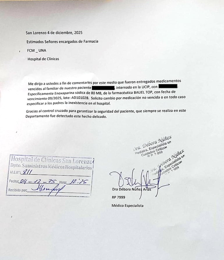 Nota enviada por la doctora Débora Núñez el pasado 4 de diciembre a la farmacia del Hospital de Clínicas, en reclamo a la entrega de fármacos vencidos para un niño con tratamiento delicado.