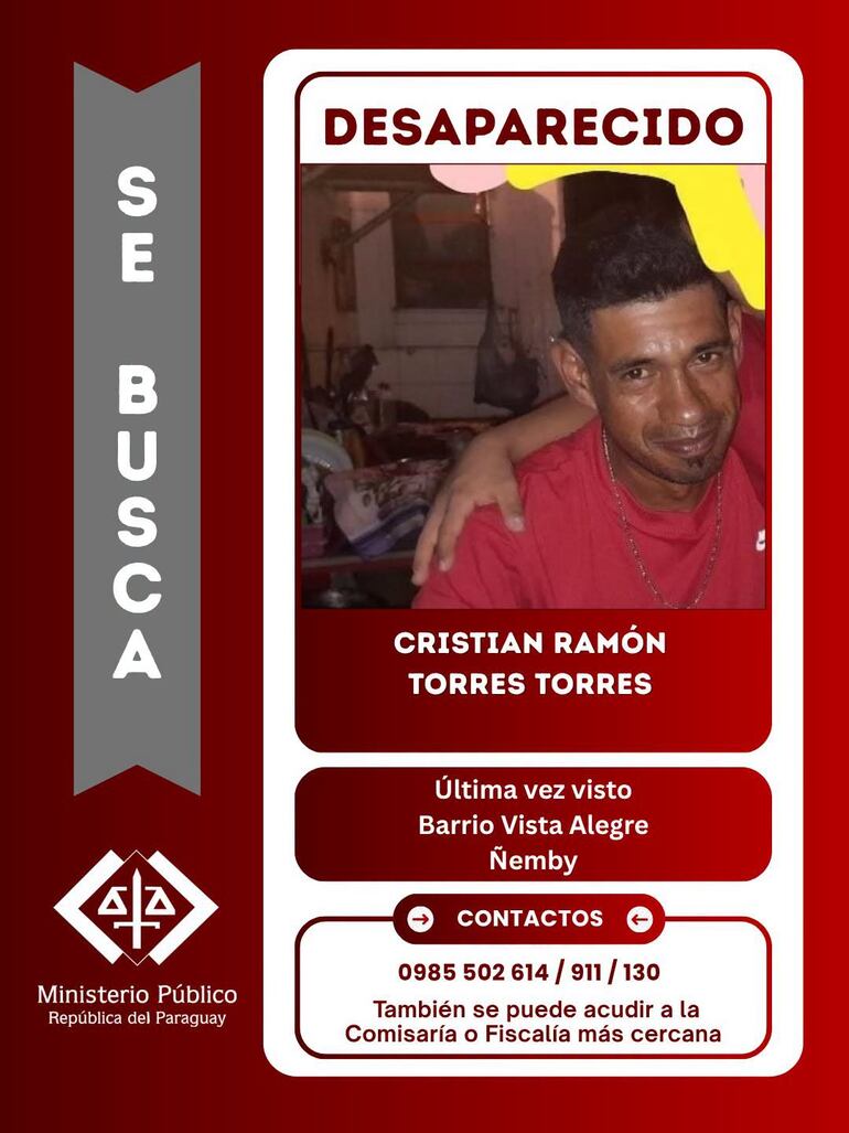 Cristian Ramón Torres Torres de 35 años se encuentra desaparecido desde el pasado martes 1 de septiembre.